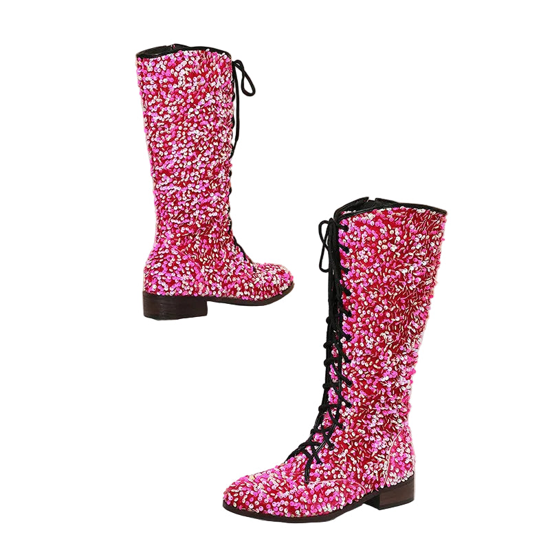 Glittery Round-toe Mid-heel Over-the-knee Boots With Front Lacing